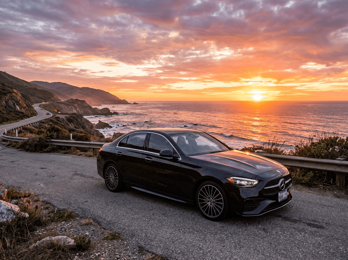 Black Mercedes-Benz sedan parked near coastal road during sunset over ocean